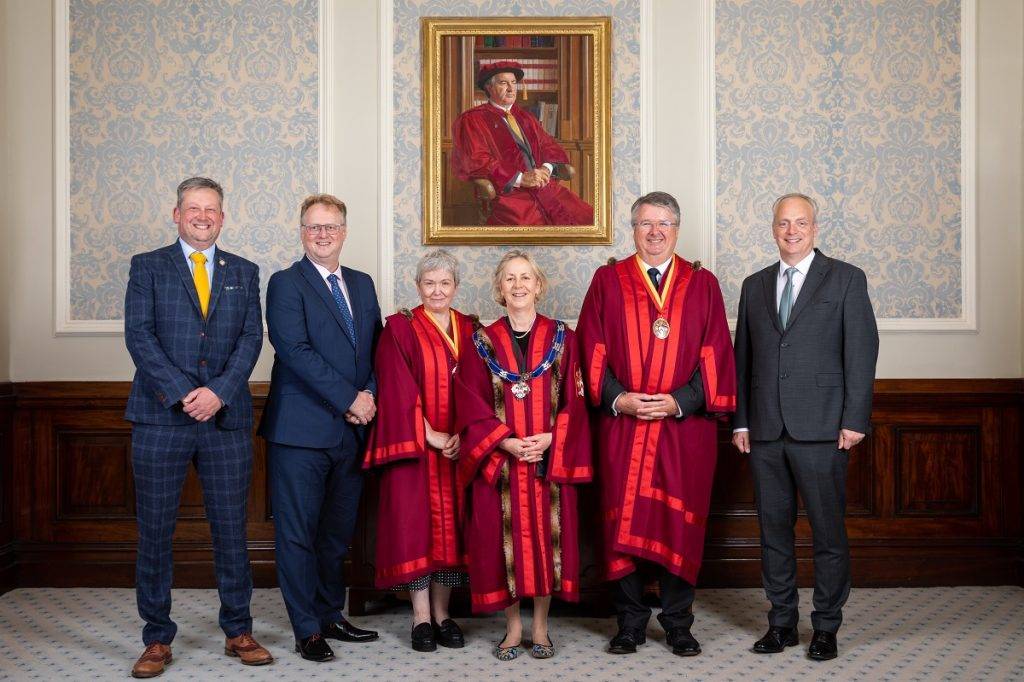 Gareth Mayhew, Andy Kennaugh. junior warden Debbie Johnson, Master Amanda Waring, senior warden Brian Ahern and Jonathan Fearn 